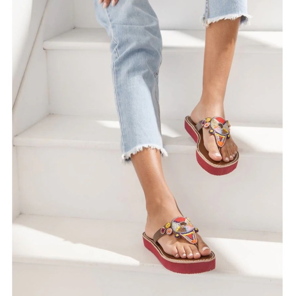 Anthropologie New Shibli SSR Leather Sandal Red Mix laidback London sandal 🌈 - Picture 5 of 11